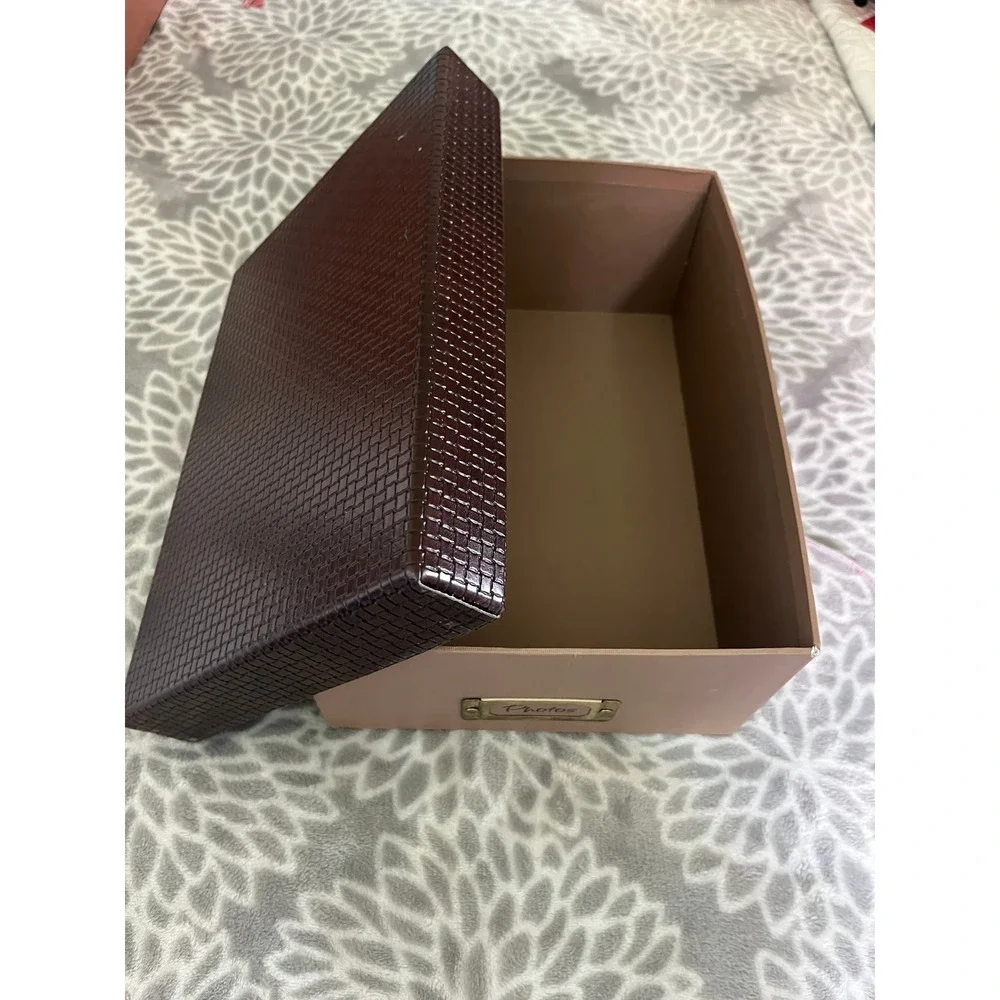 Photo Storage Box Brown with Metal Label Holder Picture Organizer Office Decor